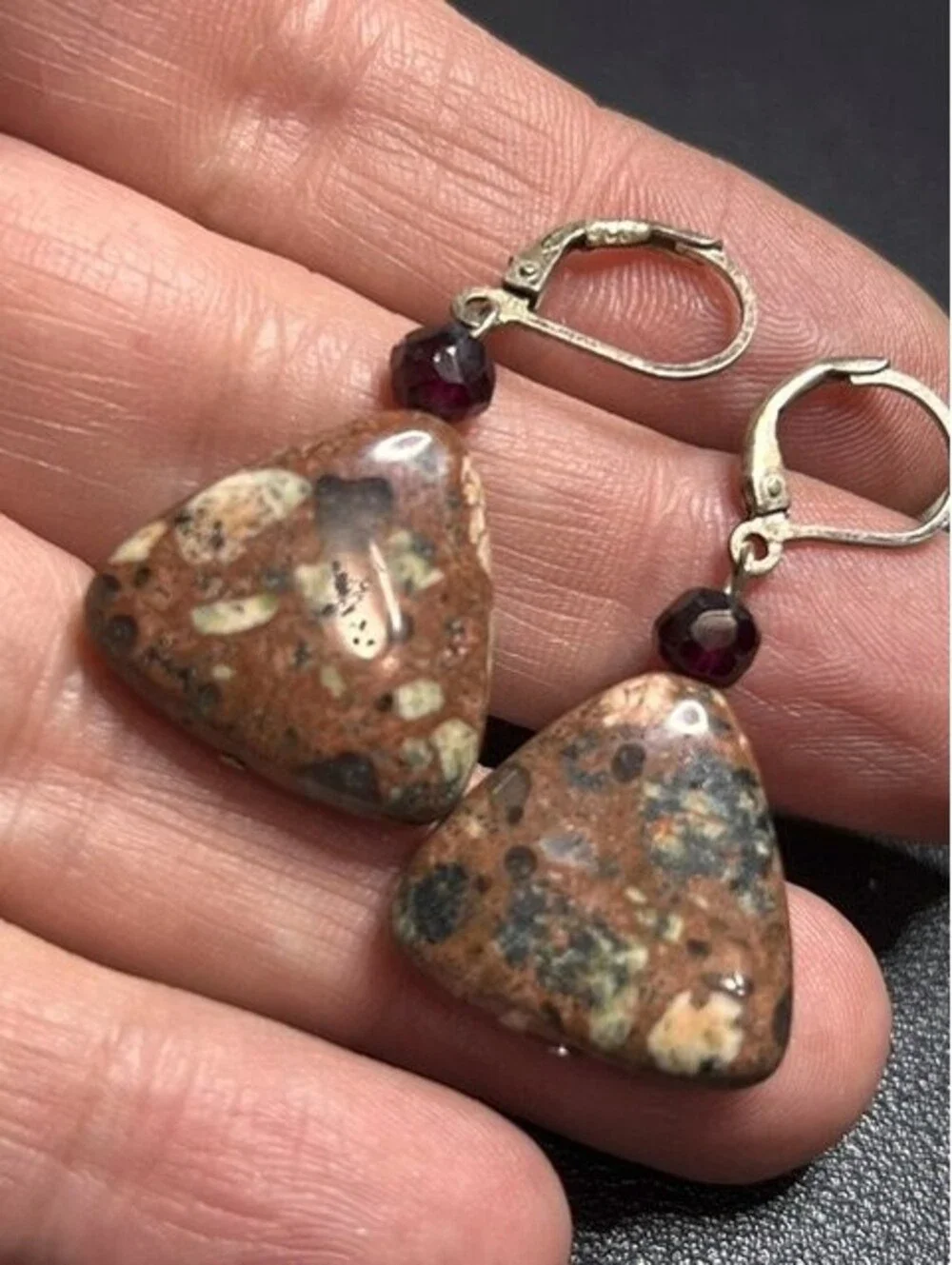 B6588 Vtg Natural Leopard Skin Jasper Drop Dangle Earrings Sterling Silver 1.5